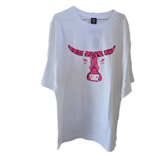 New Hanes Beefy-T Short Sleeve White T-Shirt with Pink Bull Design - Picture 1 of 3